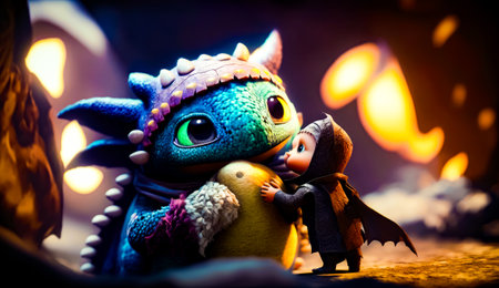 Cartoon character hugging another character in scene from the movie how to train your dragon. Generative AI.の素材