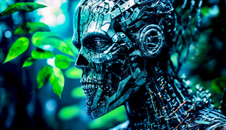 Robot with gears on its face and plant in front of it. Generative AI.の素材