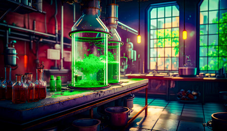 Science lab with green substance in large beaker filled with liquid. Generative AI.の素材