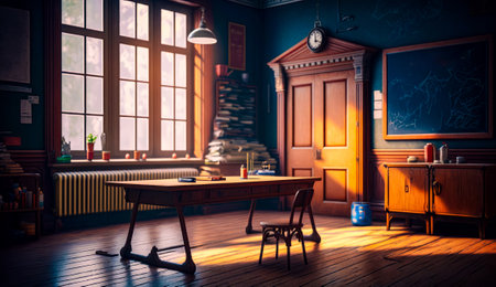 Room with table, chair, and clock in the corner. Generative AI.の素材