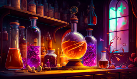 Bunch of bottles that are sitting on a table in front of a shelf. Generative AI.の素材