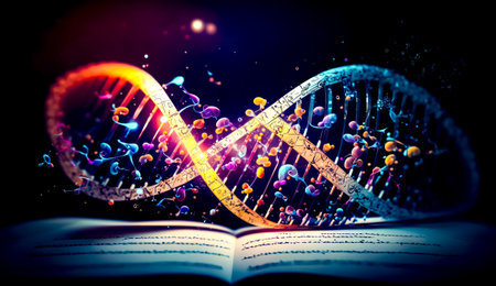 Book with image of double - strand of colorful objects floating out of it. Generative AI.の素材