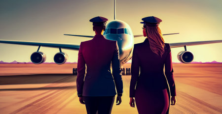 Couple of people that are standing in front of the plane on the runway. Generative AI.の素材