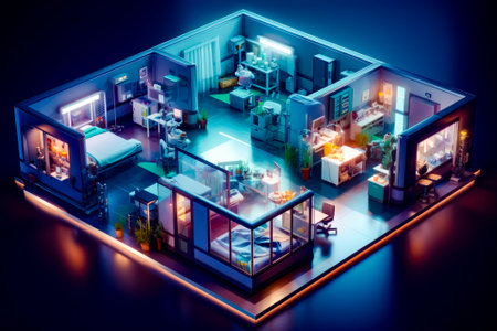 Aerial view of house with all the rooms lit up at night. Generative AI.の素材