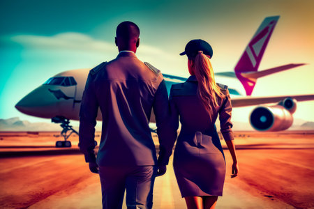 Man and woman are walking towards airplane on runway at sunset. Generative AI.の素材