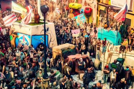 Painting of crowd of people standing around truck and building. Generative AI.の素材