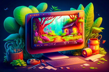 Computer screen with picture of house in the forest on it. Generative AI.の素材