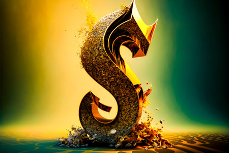 The letter s is made up of gold and silver glitter and surrounded by pile of rocks. Generative AI.の素材