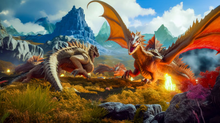 Two dinosaurs fighting over fire in the field with mountains in the background. Generative AI.の素材