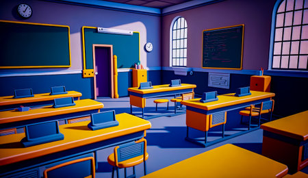 Classroom with yellow and blue desks and chalkboard on the wall. Generative AI.の素材