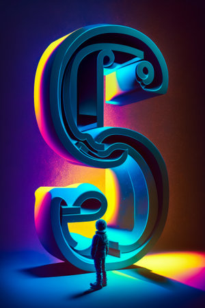 Person standing in front of colorful wall with the letter g on it. Generative AI.の素材