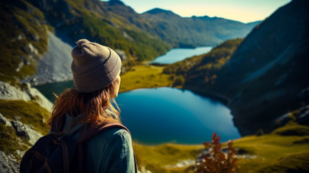 Person with backpack looking out over lake and mountains in the distance. Generative AI.の素材