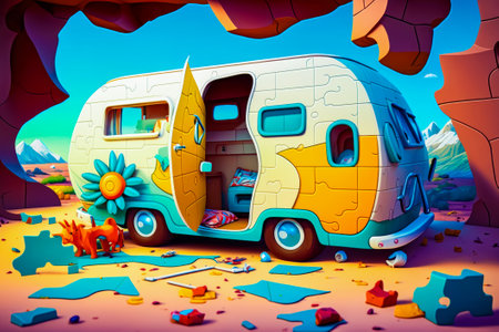 Painting of camper van with surfboard on the door. Generative AI.の素材