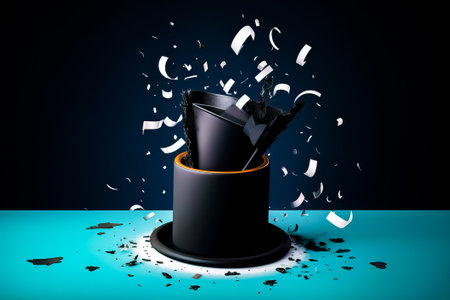 Black hat on blue table with confetti flying out of it. Generative AI.の素材