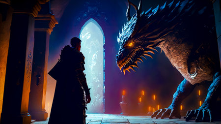 Man standing in front of dragon next to man with sword. Generative AI.の素材