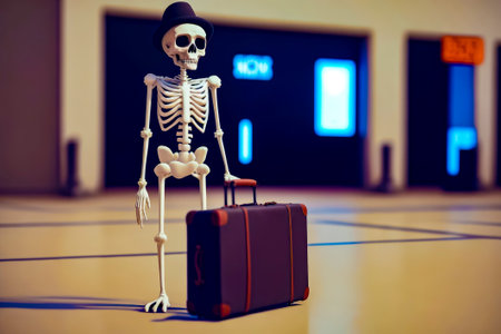 Skeleton with hat and suitcase in room with blue wall. Generative AI.の素材
