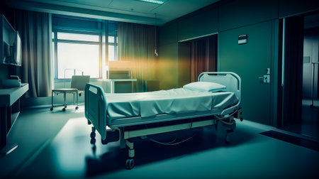 Hospital room with hospital bed in the foreground and window in the background. Generative AI.の素材