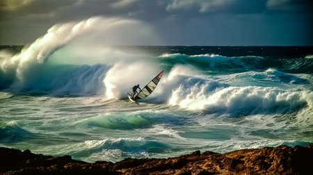 Man riding surfboard on top of wave in the ocean. Generative AI.の素材