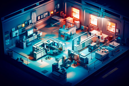 Overhead view of room with lot of furniture and lot of windows. Generative AI.の素材