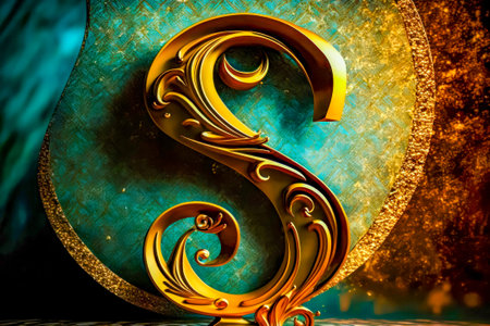 Gold letter s on top of blue and green background with gold swirls. Generative AI.の素材