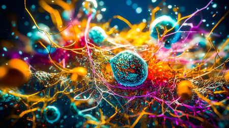 Blue and yellow ball surrounded by yellow and red streamers and streamers. Generative AI.の素材