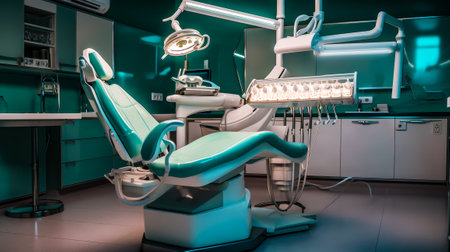 Dentist's chair in room with light on top of it. Generative AI.の素材