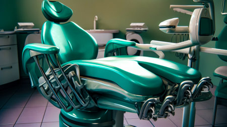 Green dentist's chair in room with sink and other medical equipment. Generative AI.の素材