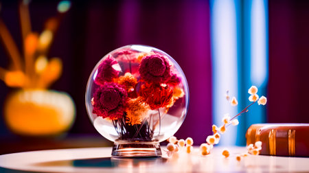 Vase filled with flowers sitting on top of table next to purple curtain. Generative AI.の素材