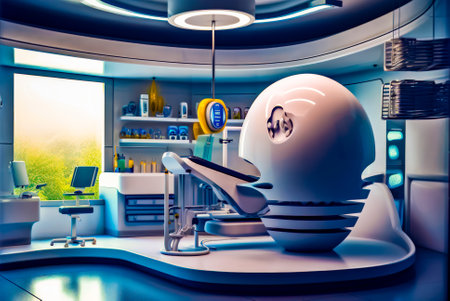 Futuristic kitchen with large white object in the middle of the room. Generative AI.の素材