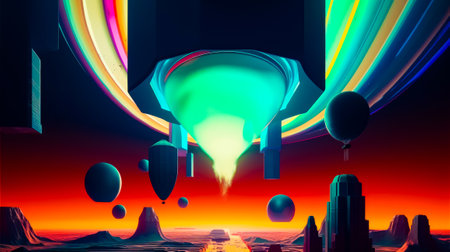 Digital painting of futuristic city with colorful lights and bright sky. Generative AI.の素材