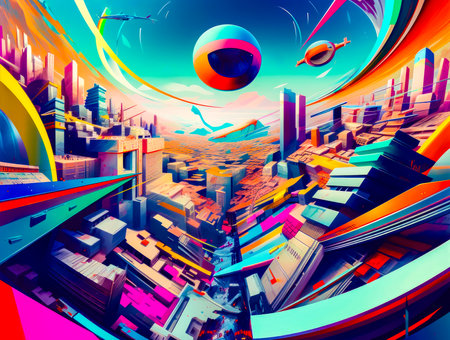 Digital painting of city with colorful sky and colorful ball in the middle of the image. Generative AI.の素材