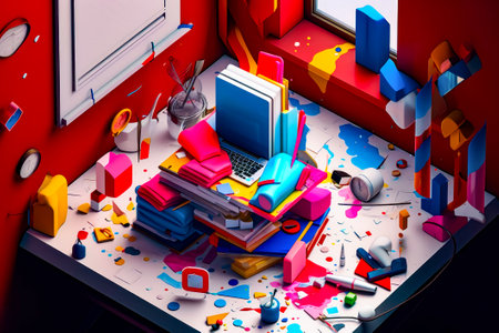 Laptop computer sitting on top of a pile of art supplies next to window. Generative AI.の素材
