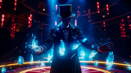 Man in suit and top hat standing in front of stage. Generative AI.の素材