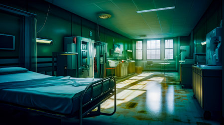 Hospital room with bed, refrigerator, sink, and other medical equipment. Generative AI.の素材