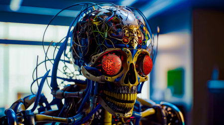 Robot with lots of wires and wires in it's head. Generative AI.の素材