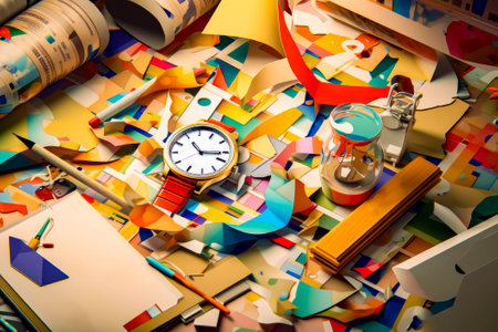 Clock sitting on top of pile of torn up pieces of paper. Generative AI.の素材
