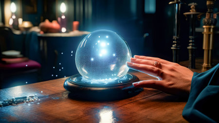 Person's hand touching crystal ball on top of wooden table. Generative AI.の素材