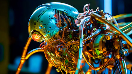 Close up of clock made out of wires and other metal parts. Generative AI.の素材