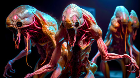 Close up of alien creature with its mouth open and tongue out. Generative AI.の素材