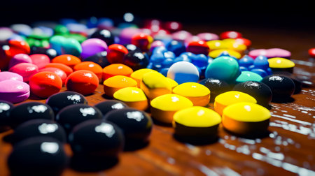 Close up of bunch of balls on table with black background. Generative AI.の素材