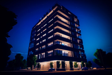 Tall building lit up at night with cars parked in front of it. Generative AI.の素材