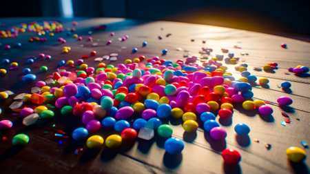 Wooden table topped with lots of colorful candies on top of it. Generative AI.の素材
