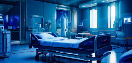 Hospital room with hospital bed and medical equipment in the foreground. Generative AI.の素材