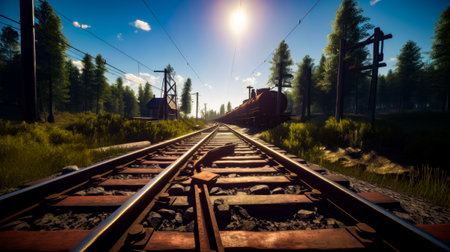 Train traveling down train tracks next to lush green forest under bright blue sky. Generative AI.の素材