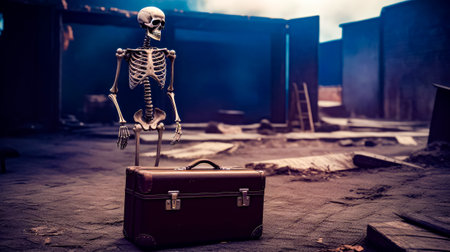 Skeleton sitting on top of suitcase in the middle of the street. Generative AI.の素材