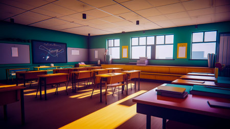 Classroom with desks and chalkboard in the back of the room. Generative AI.の素材