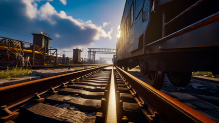 Train traveling down train tracks next to train station with bridge in the background. Generative AI.の素材