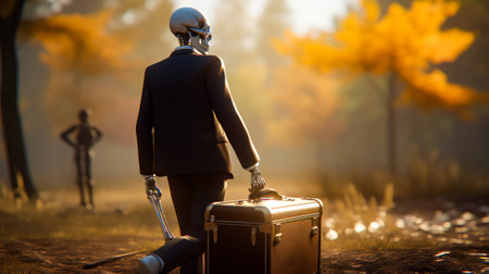 Man in suit with skeleton head holding suitcase in park. Generative AI.の素材