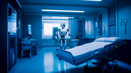 Hospital room with robot standing next to bed in the middle of the room. Generative AI.の素材