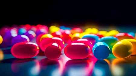 Group of colorful balls sitting on top of blue table next to each other. Generative AI.の素材